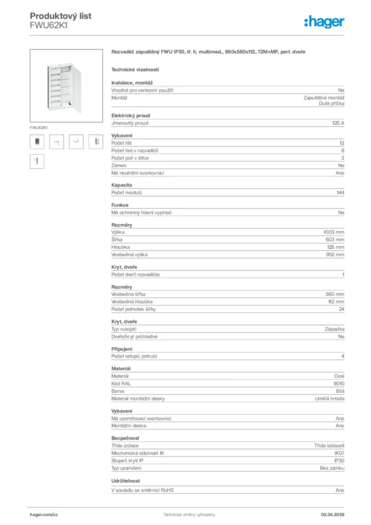 Obrázek Hager Product data sheet FWU62K1 | Hager