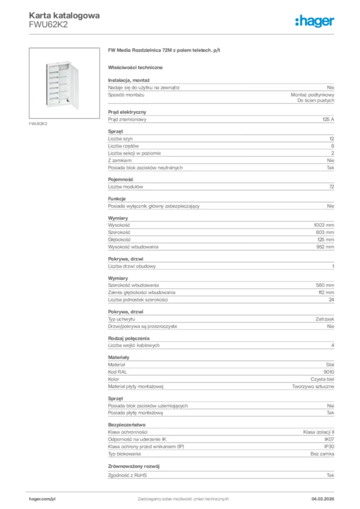 Zdjęcie Hager Karta katalogowa FWU62K2 | Hager Polska