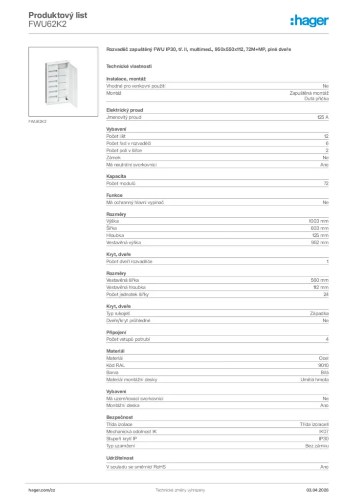 Obrázek Hager Product data sheet FWU62K2 | Hager