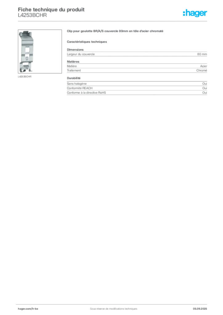 Image Hager Fiche technique du produit L4253BCHR | Hager Belgique