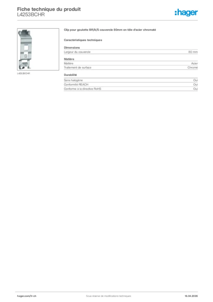 Image Hager Fiche technique du produit L4253BCHR | Hager Suisse