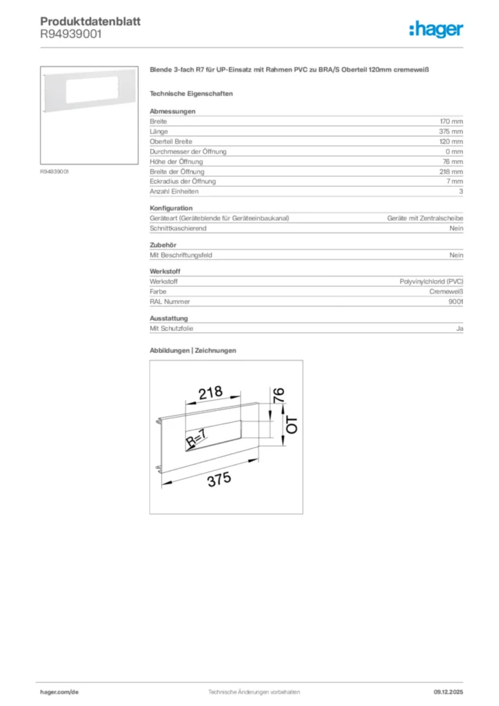 Bild Hager Produktdatenblatt R94939001 | Hager Deutschland