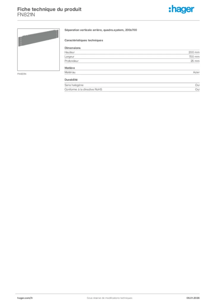 Image Hager Fiche technique du produit FN821N | Hager France