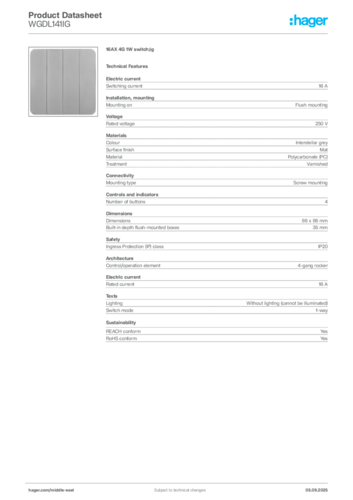 Image Hager Product data sheet WGDL141IG  | Hager