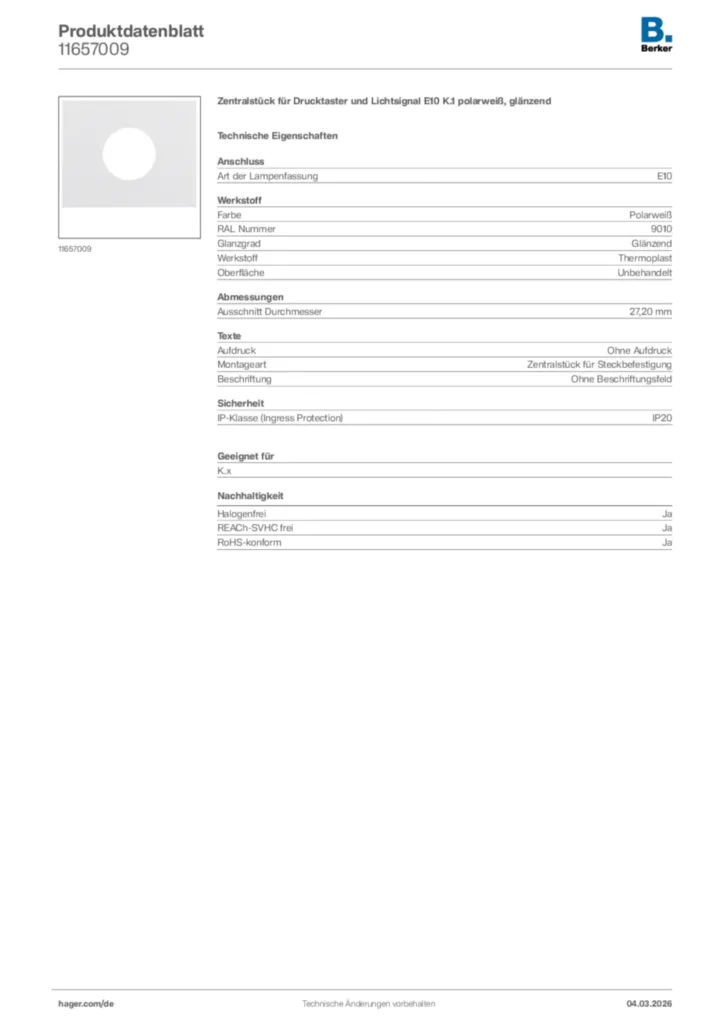 Bild Berker Produktdatenblatt 11657009 | Hager Deutschland
