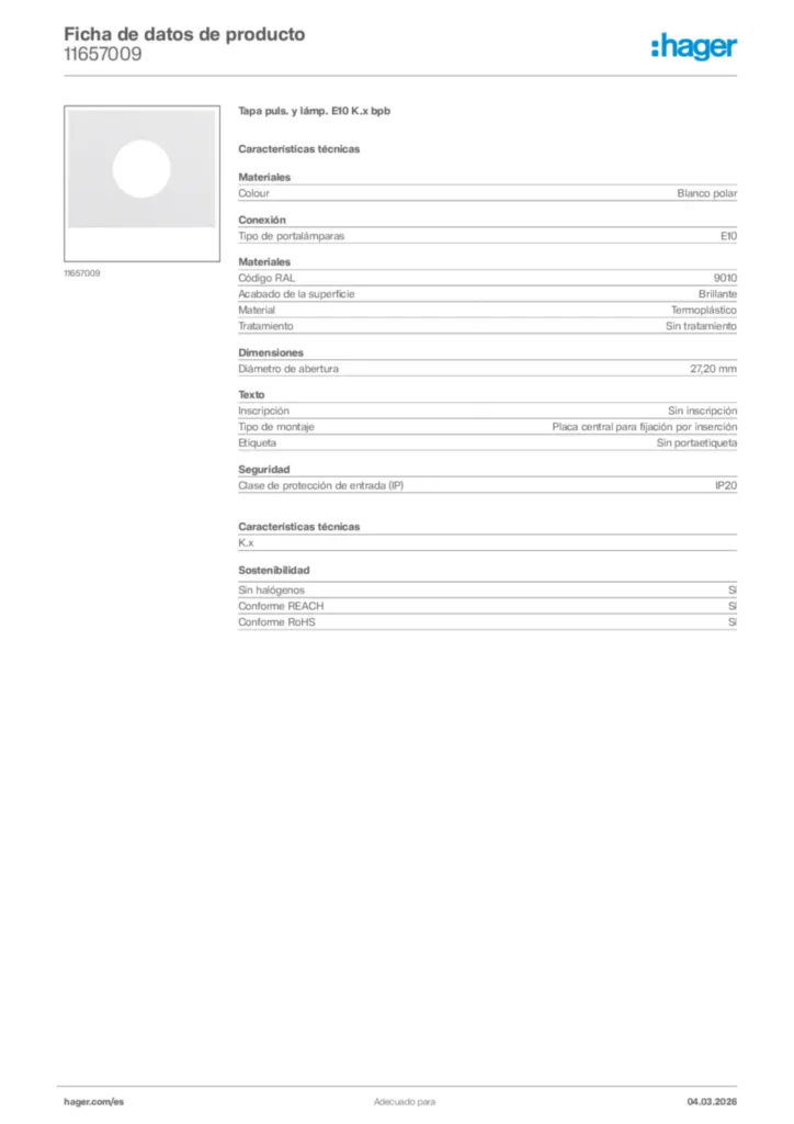 Imagen Hager Ficha de datos de producto 11657009 | Hager España