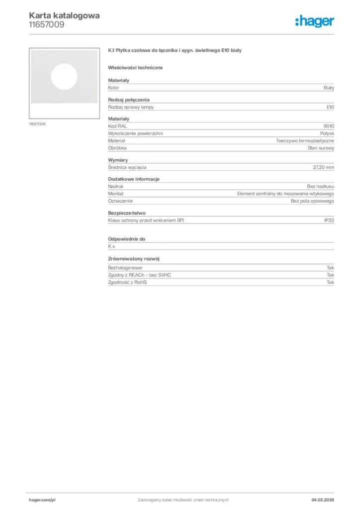 Zdjęcie Hager Karta katalogowa 11657009 | Hager Polska