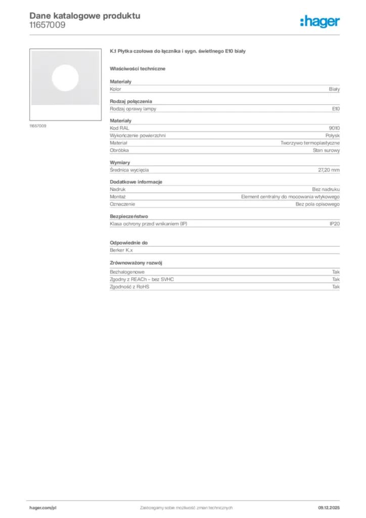 Zdjęcie Hager Dane katalogowe produktu 11657009 | Hager Polska