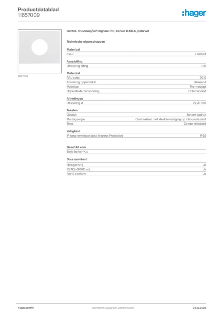 Afbeelding Hager Productdatablad 11657009 | Hager Nederland