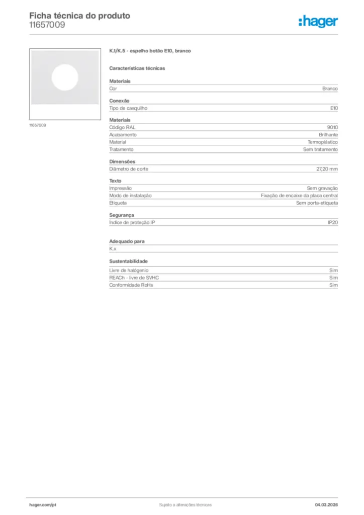 Imagem Hager Ficha técnica do produto 11657009 | Hager Portugal