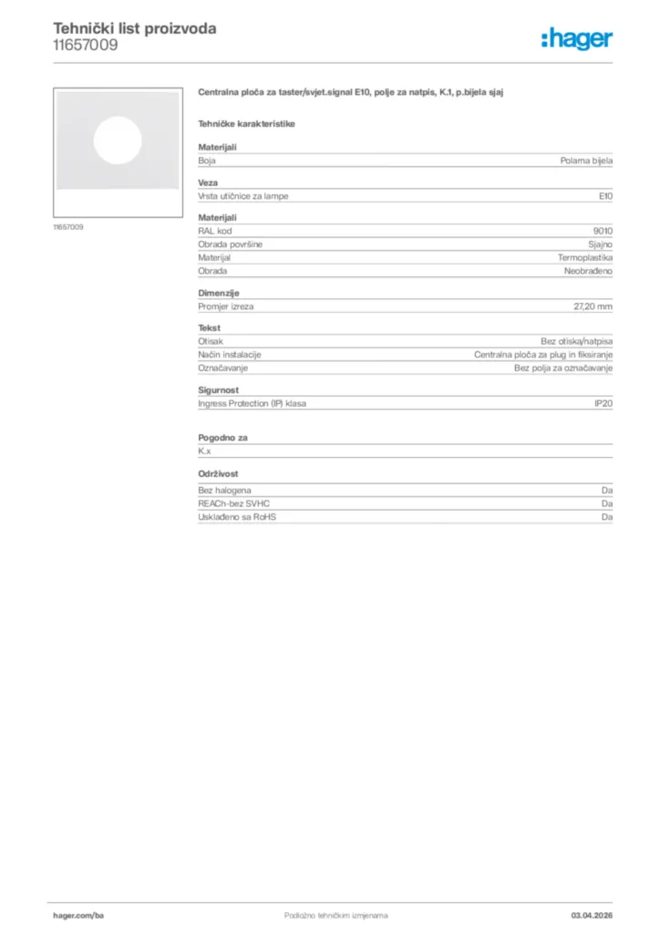 Slika Hager Tehnički list proizvoda 11657009  | Hager