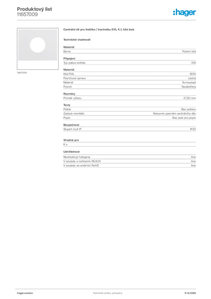 Obrázek Hager Produktový list 11657009 | Hager