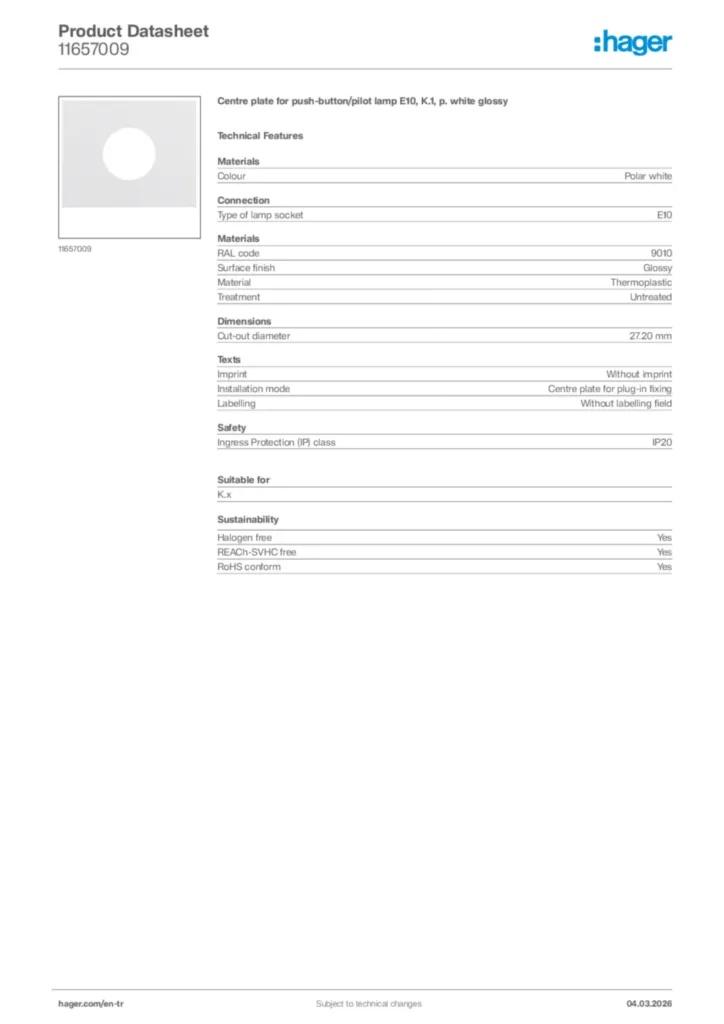 Image Hager Product data sheet 11657009  | Hager