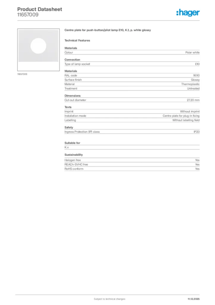 Image Hager Product data sheet 11657009  | Hager