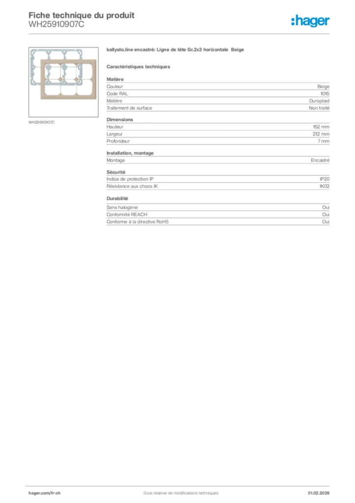 Image Hager Fiche technique du produit WH25910907C | Hager Suisse