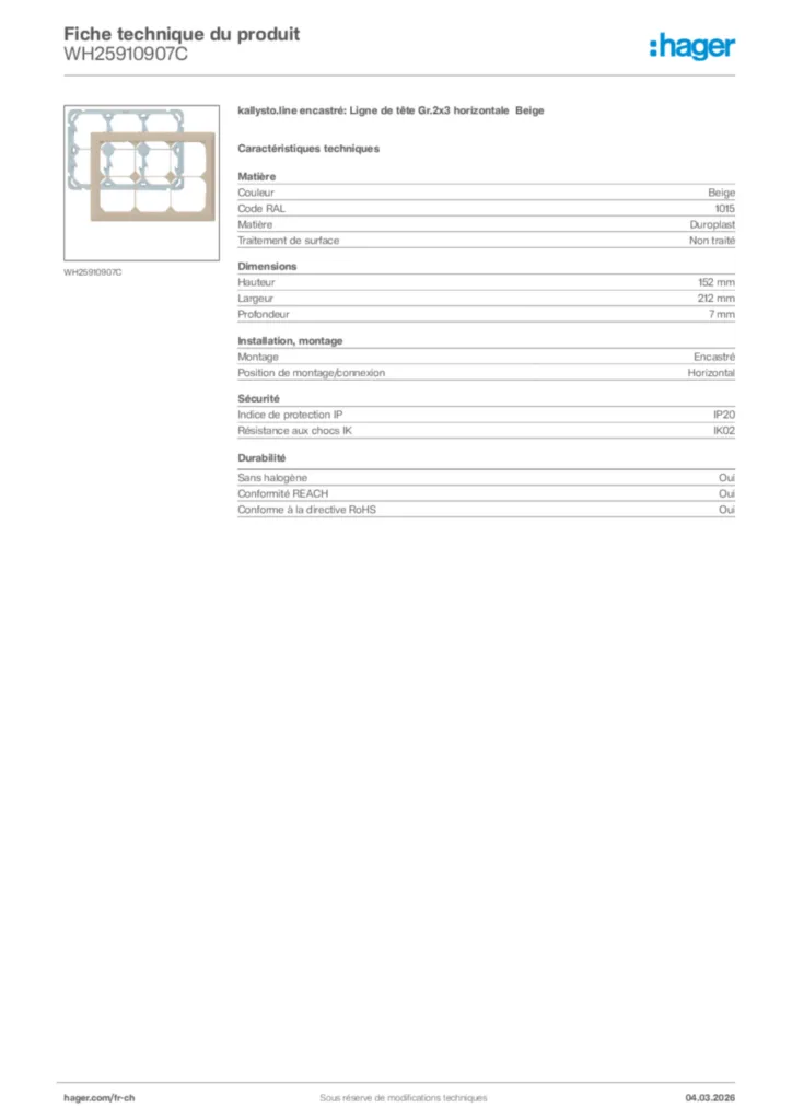 Image Hager Fiche technique du produit WH25910907C | Hager Suisse