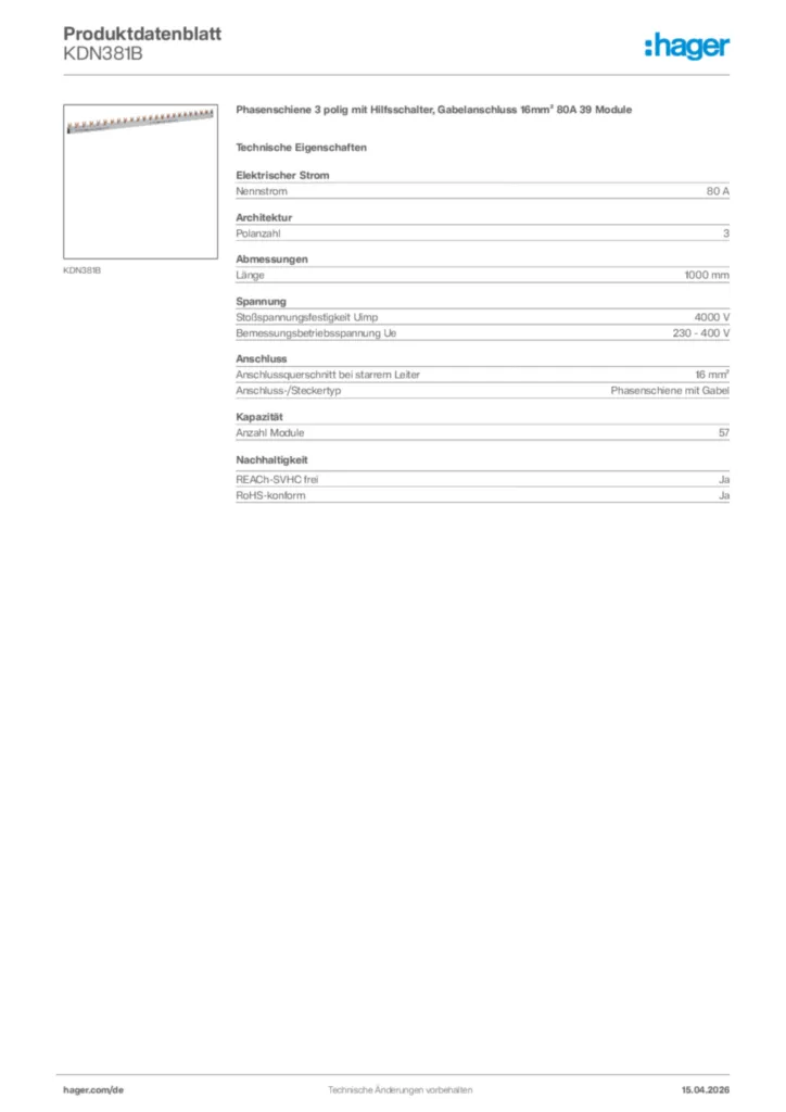 Bild Hager Produktdatenblatt KDN381B | Hager Deutschland