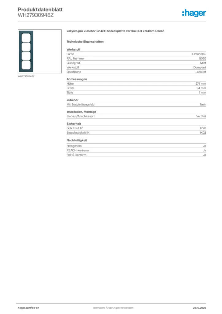 Bild Hager Produktdatenblatt WH27930948Z | Hager Schweiz