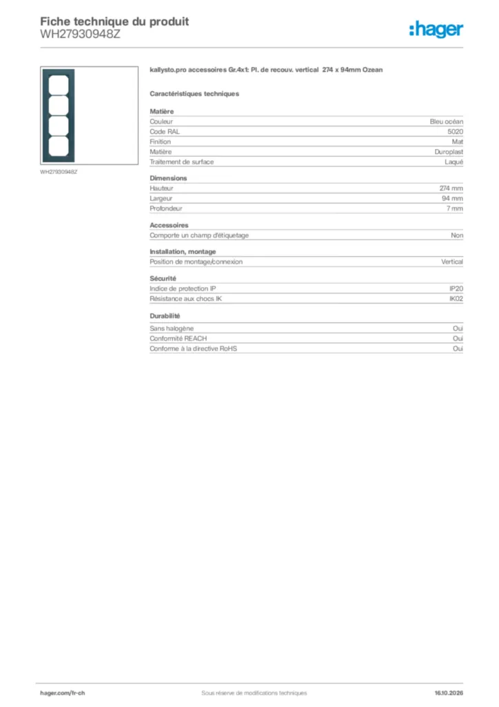 Image Hager Fiche technique du produit WH27930948Z | Hager Suisse