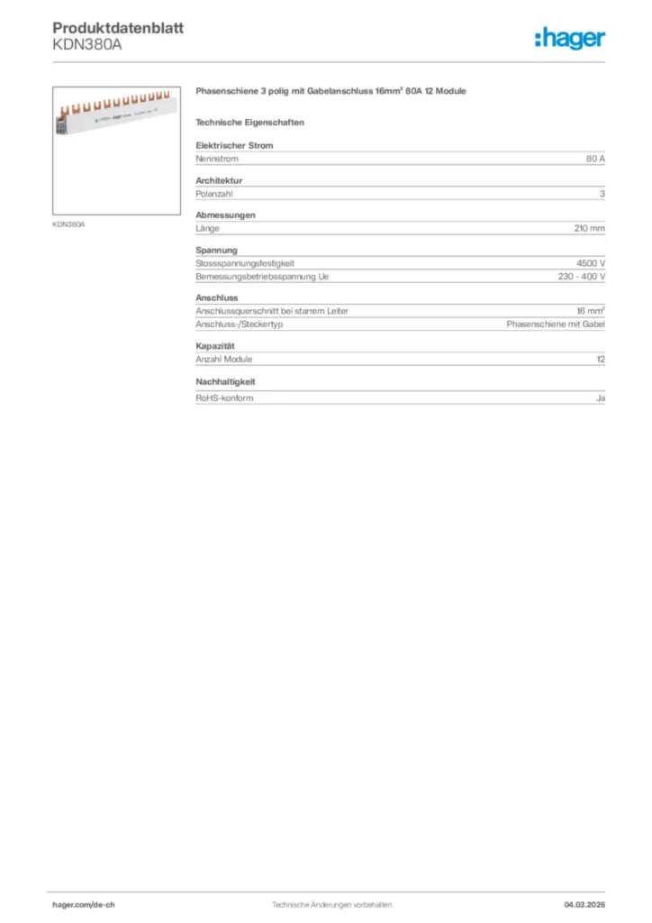 Bild Hager Produktdatenblatt KDN380A | Hager Schweiz