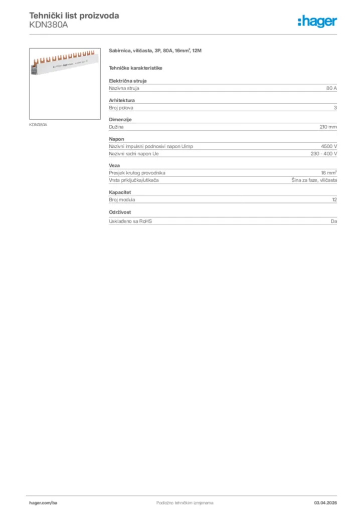 Slika Hager Tehnički list proizvoda KDN380A  | Hager