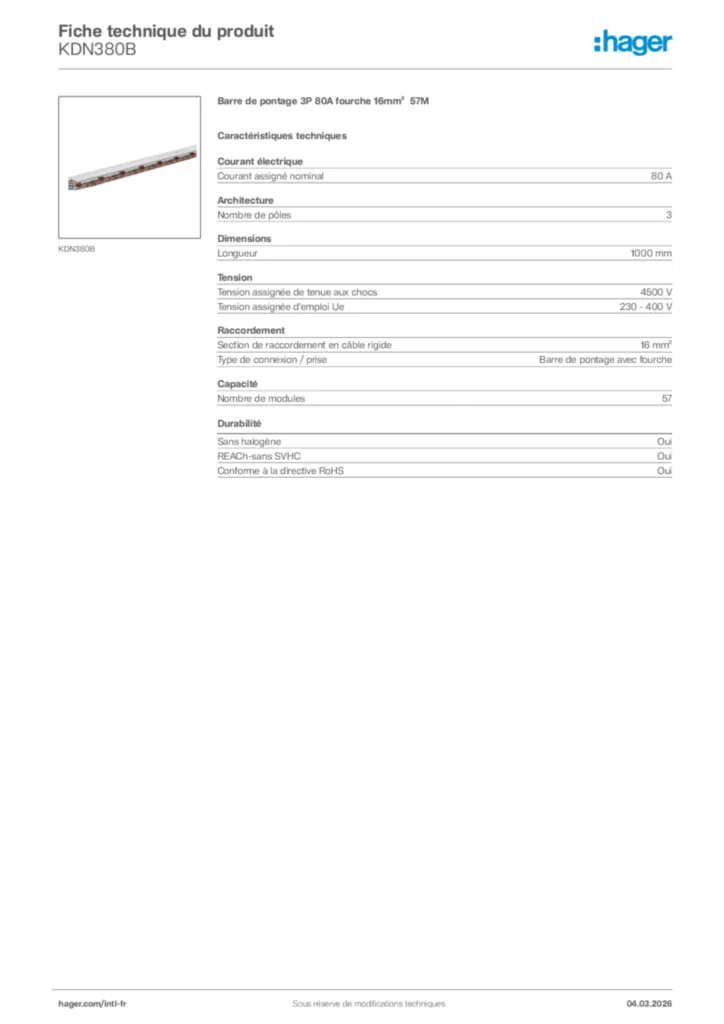 Image Hager Fiche technique du produit KDN380B | Hager Afrique