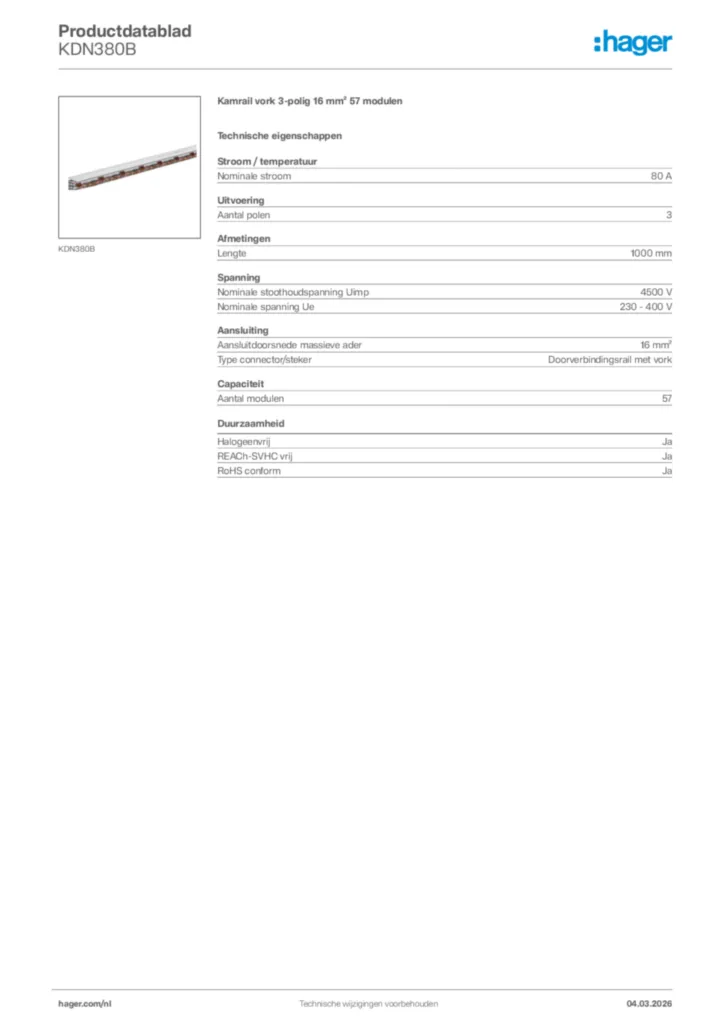 Afbeelding Hager Productdatablad KDN380B | Hager Nederland