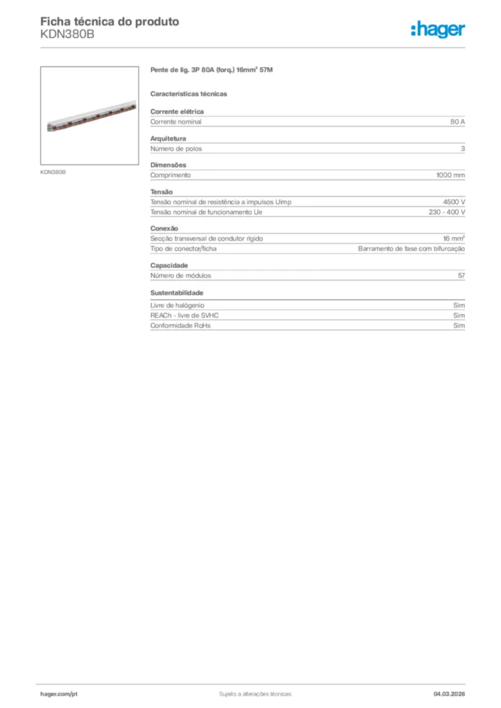Imagem Hager Ficha técnica do produto KDN380B | Hager Portugal