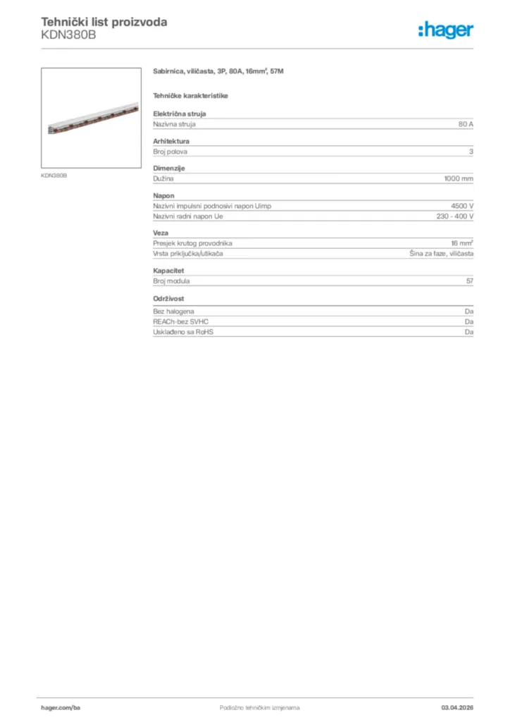 Slika Hager Tehnički list proizvoda KDN380B  | Hager