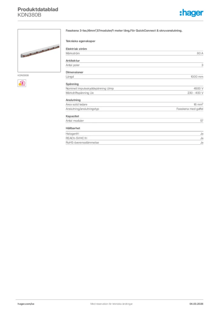 Bild Hager Produktdatablad KDN380B | Hager Sverige