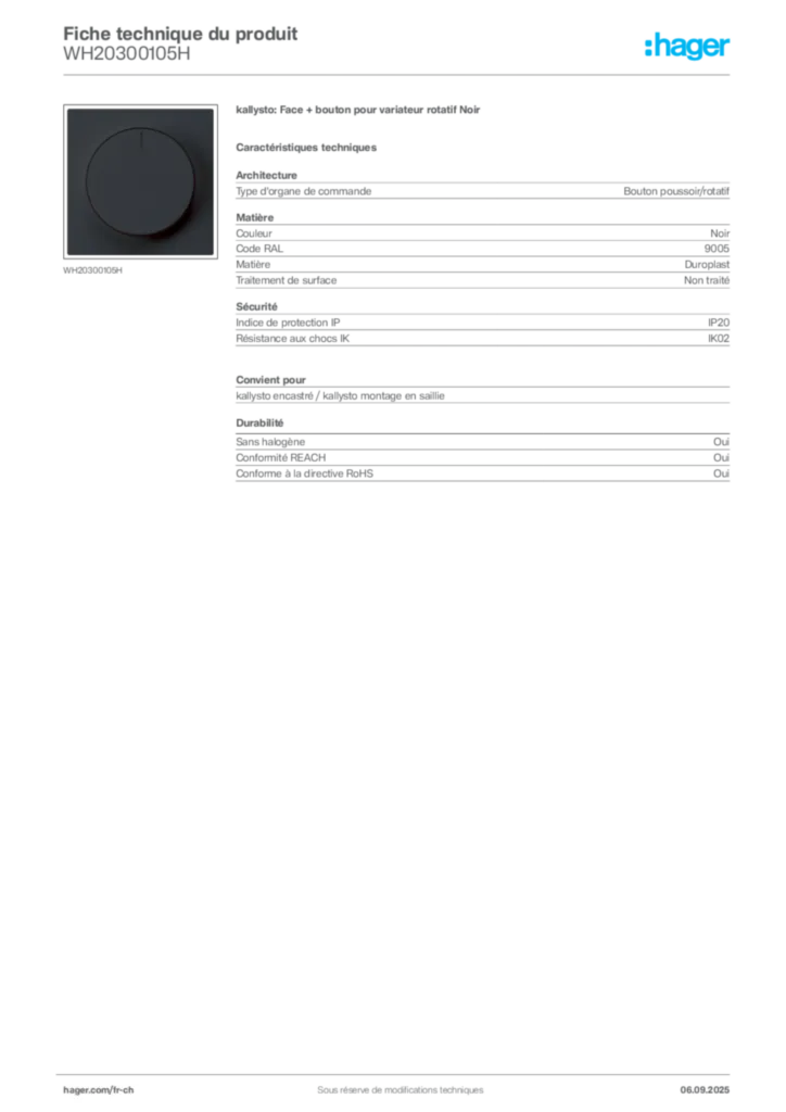 Image Hager Fiche technique du produit WH20300105H | Hager Suisse