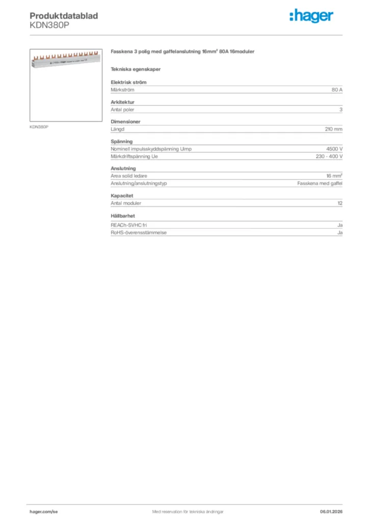 Bild Hager Produktdatablad KDN380P | Hager Sverige