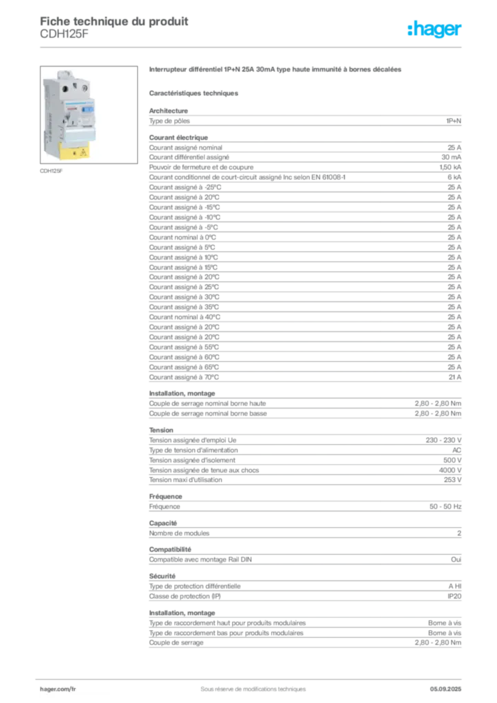 Image Hager Fiche technique du produit CDH125F | Hager France