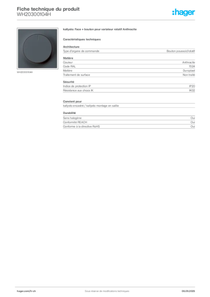 Image Hager Fiche technique du produit WH20300104H | Hager Suisse