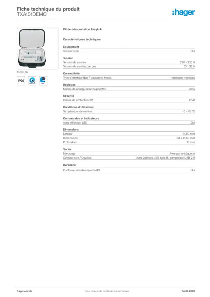 Image Hager Fiche technique du produit TXA101DEMO | Hager France