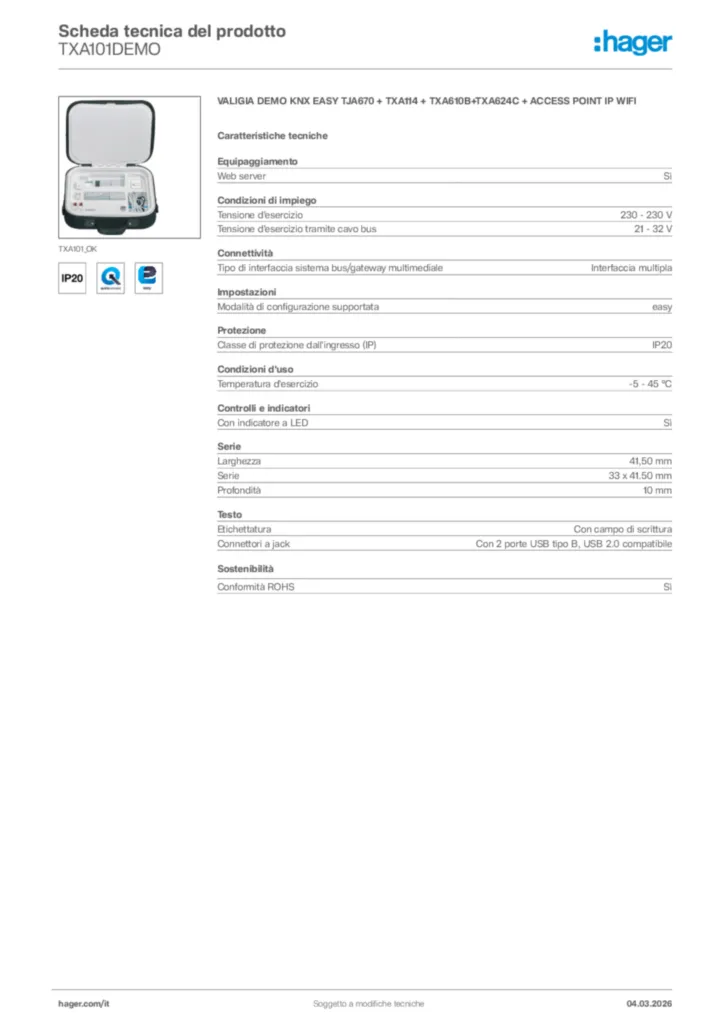 Immagine Hager Scheda tecnica del prodotto TXA101DEMO | Hager Italia