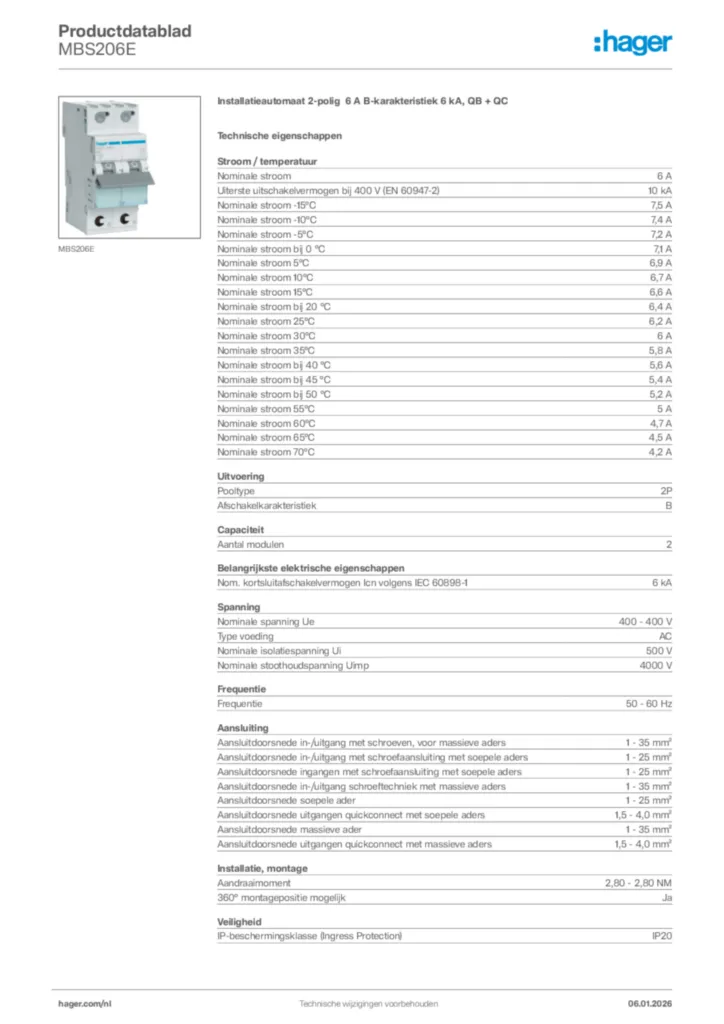 Afbeelding Hager Productdatablad MBS206E | Hager Nederland
