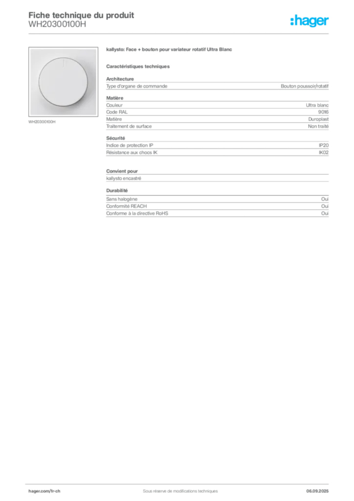 Image Hager Fiche technique du produit WH20300100H | Hager Suisse