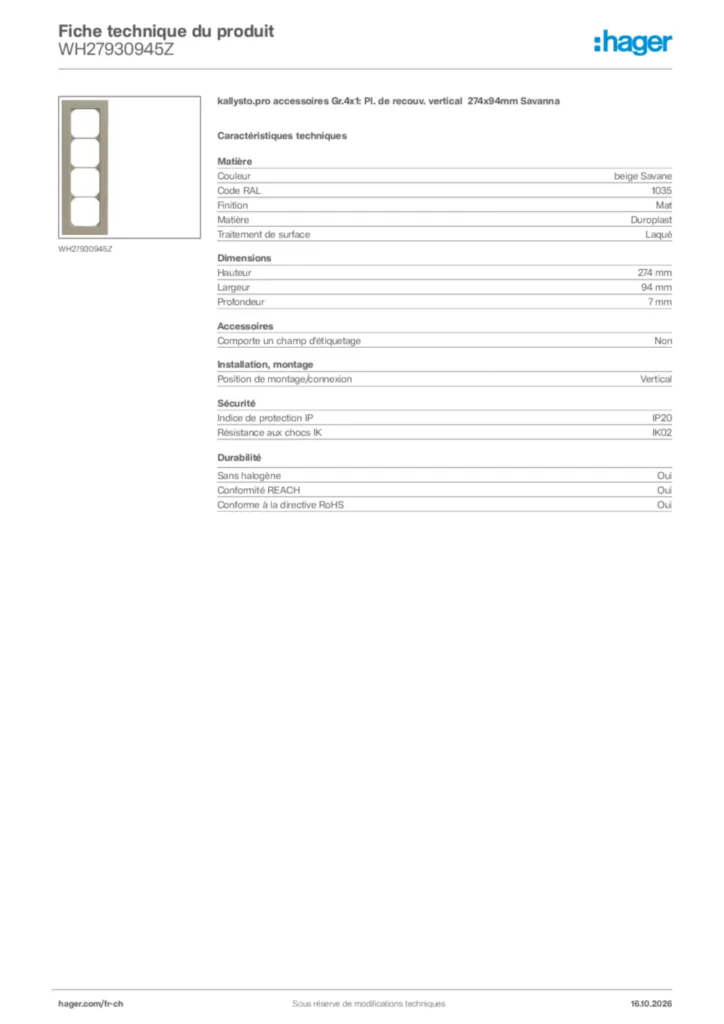 Image Hager Fiche technique du produit WH27930945Z | Hager Suisse