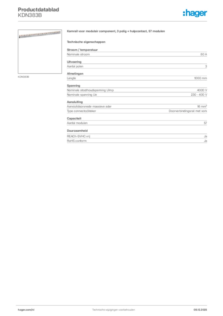 Afbeelding Hager Productdatablad KDN383B | Hager Nederland