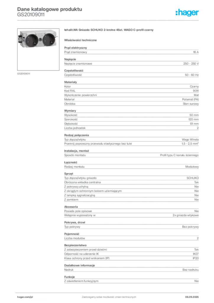 Zdjęcie Hager Dane katalogowe produktu GS20109011 | Hager Polska