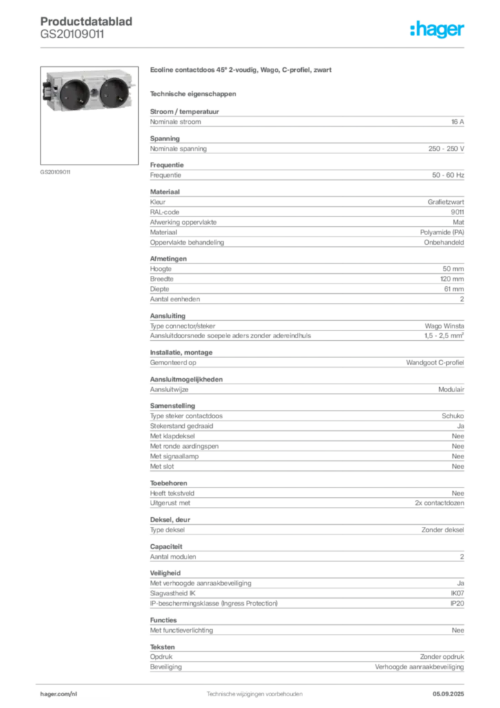 Afbeelding Hager Productdatablad GS20109011 | Hager Nederland