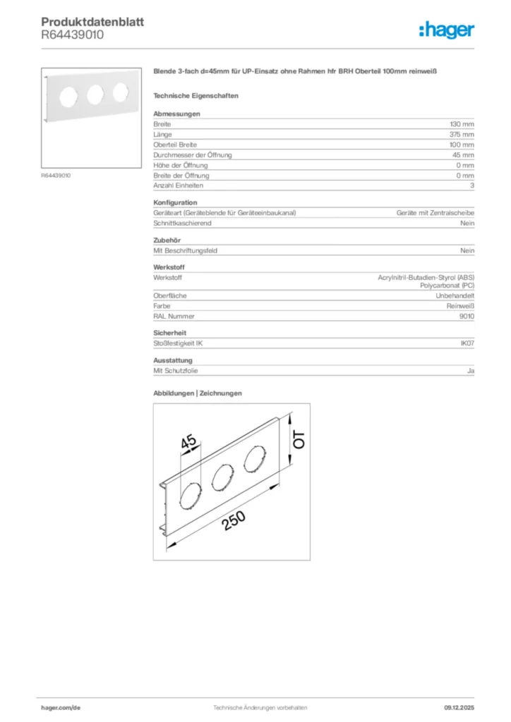 Bild Hager Produktdatenblatt R64439010 | Hager Deutschland