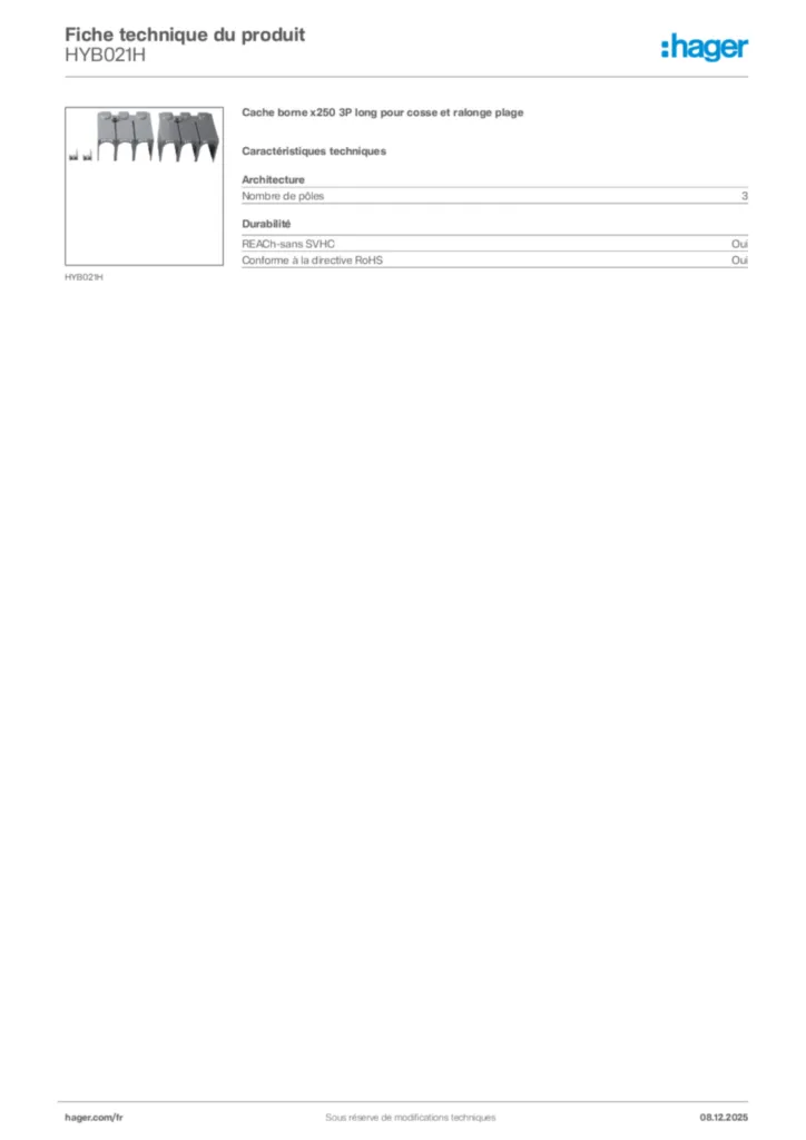 Image Hager Fiche technique du produit HYB021H | Hager France