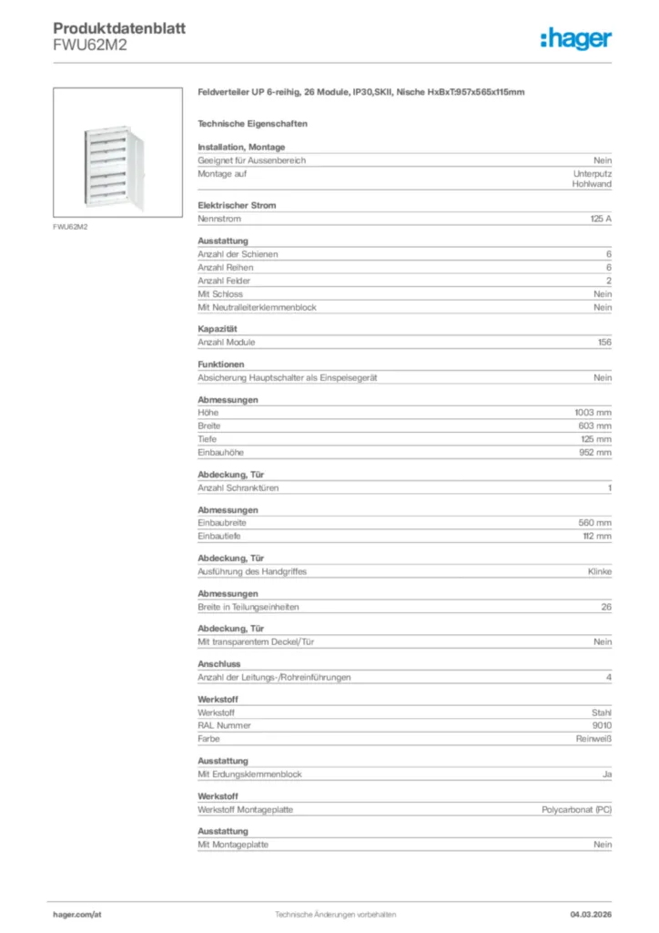 Bild Hager Produktdatenblatt FWU62M2 | Hager Deutschland
