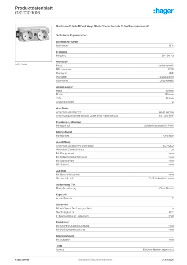 Bild Hager Produktdatenblatt GS20109016 | Hager Deutschland