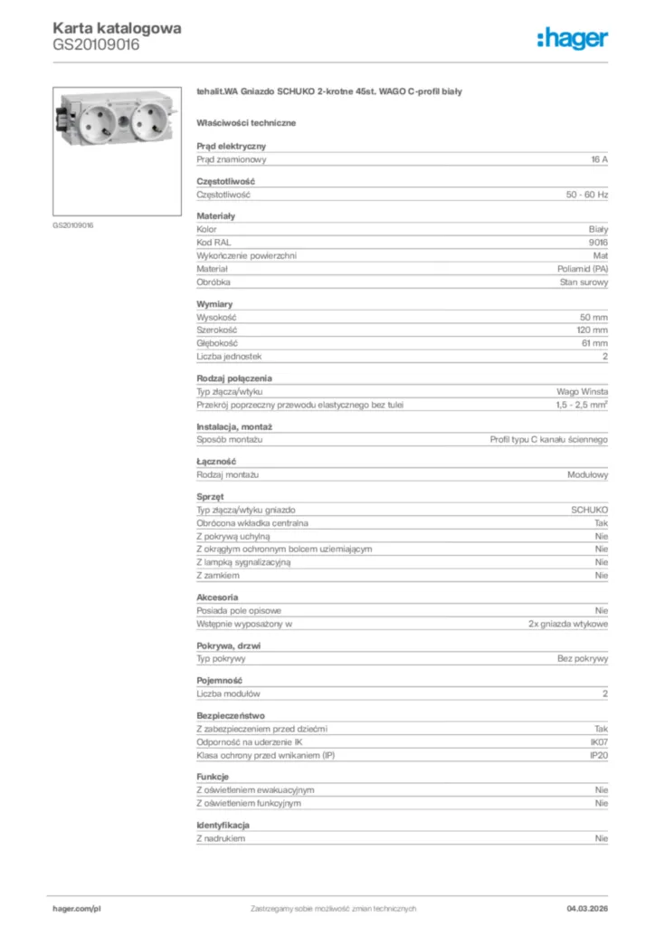 Zdjęcie Hager Karta katalogowa GS20109016 | Hager Polska