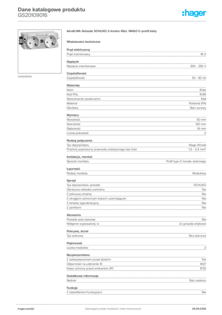 Zdjęcie Hager Dane katalogowe produktu GS20109016 | Hager Polska