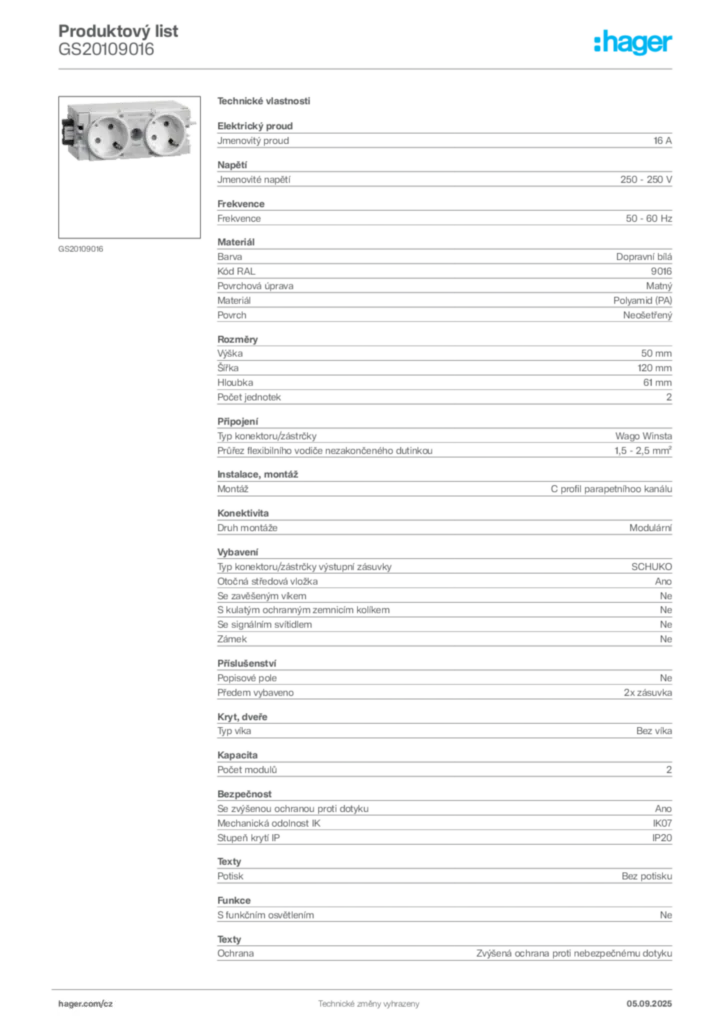 Obrázek Hager Produktový list GS20109016 | Hager