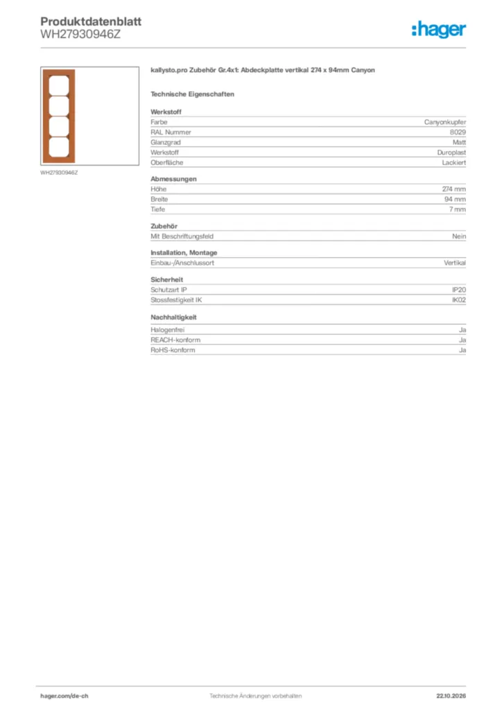 Bild Hager Produktdatenblatt WH27930946Z | Hager Schweiz